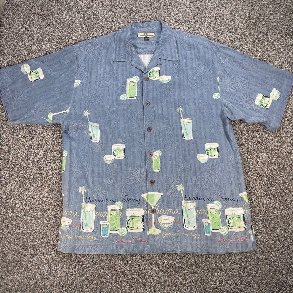 Tommy Bahama Men's Large Blue Silk Hurricane Tommy Cocktail Camp Shirt Pineapple